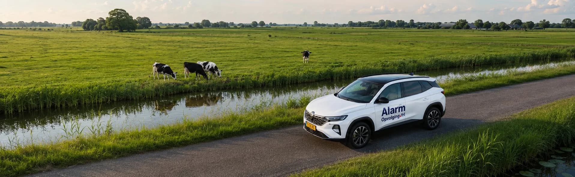 Witte auto met de belettering van Alarmopvolging.frl op een weg door de Friese weilanden